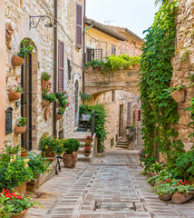 Sceniczny widok w Spello, kwiecistej i malowniczej wiosce w Umbria, prowincja Perugia, Włochy. - 224420820