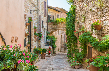 Scenic sight in Spello, flowery and picturesque village in Umbria, province of Perugia, Italy.