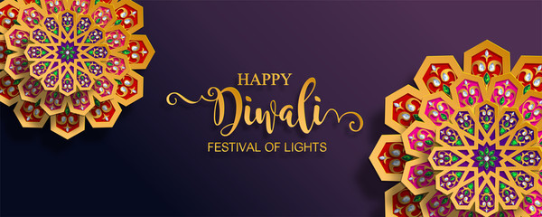 Happy Diwali festival card with gold diya patterned and crystals on paper color Background.
