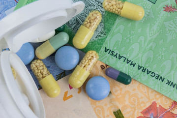 Tablets and pills on Malaysian Ringgit notes
