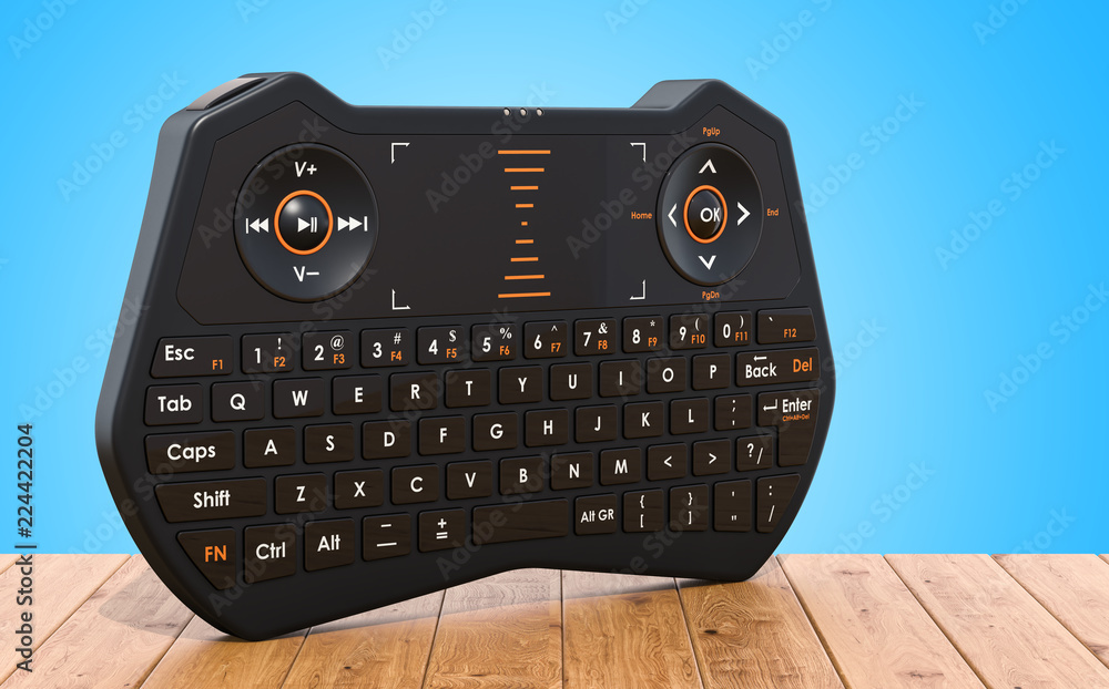 Poster mini wireless bluetooth keyboard on the wooden table, 3d rendering