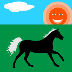 Happy horse on grassland under the sunrise