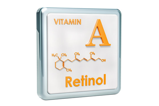 Vitamin A, retinol. Icon, chemical formula, molecular structure on white background. 3D rendering