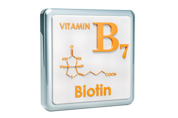 Vitamin B7, biotin. Icon, chemical formula, molecular structure on white background. 3D rendering