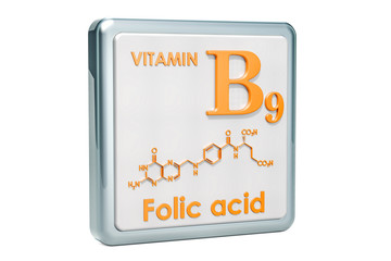Vitamin B9, folic acid. Icon, chemical formula, molecular structure on white background. 3D rendering