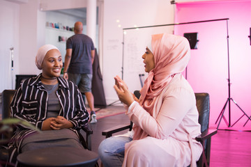 Businesswomen making vlog blog video in studio