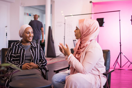Businesswomen making vlog blog video in studio