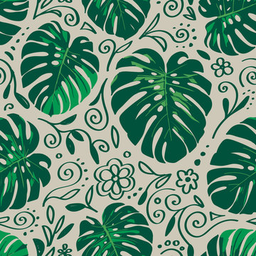Seamless monstera palm leaves pattern with doodle line elements around for your summer background. Vector tropical illustration