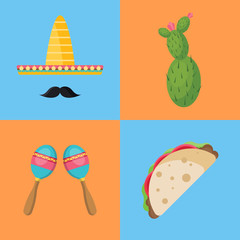 Set of Mexico icons in flat style isolated on blue and yellow background. Collection of Cactus, Sombrero, 
Mustache, Taco and Maracas vector illustration.