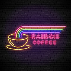 Shining and glowing rainbow neon coffee sign in with yellow coffee cup on brick wall. Bright coffee house sign, night advertisement logo, vector illustration.