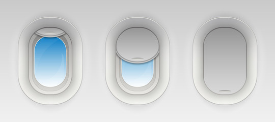 Creative vector illustration of flight airplane window, blank plane portholes isolated on transparent background. Art design aircraft open and closed illuminator. Abstract concept graphic element