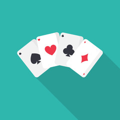 Game cards flat icon with long shadow isolated on blue background. Simple 
Game cards in flat style, vector illustration.