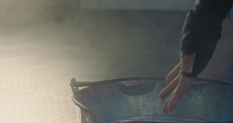 fitness woman kickboxer hands clapping chalk powder sportswoman preparing training workout in gym ready for bodybuilding strength exercise slow motion close up