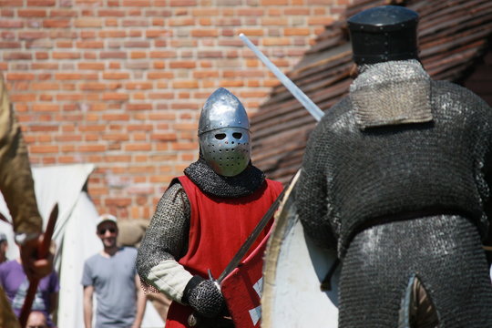 Knights fighting on tournament in Czersk castle, south of Warsaw, Mazovia, Poland