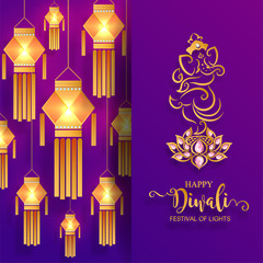 Happy Diwali festival card with gold diya patterned and crystals on paper color Background.