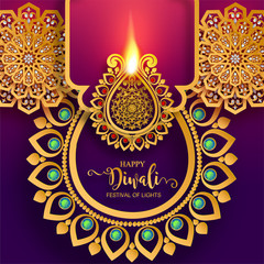 Happy Diwali festival card with gold diya patterned and crystals on paper color Background.