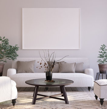 Mock-up poster background in living room interior, Scandinavian style, 3d render