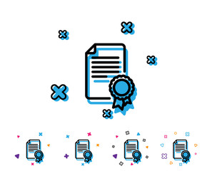 Certificate Medal line icon. Diploma achievement symbol. Document with approved badge sign. Line icon with geometric elements. Bright colourful design. Vector
