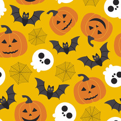 orange seamless Halloween pattern with skull,pumpkin,bat  - vector illustration, eps
