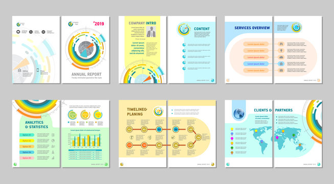 Brochure creative design. Multipurpose template with cover, back and inside pages. Trendy minimalist flat geometric design. Vertical a4 format.