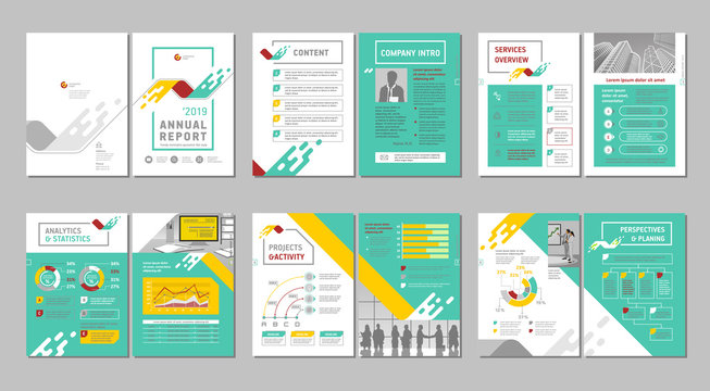 Brochure creative design. Multipurpose template with cover, back and inside pages. Trendy minimalist flat geometric design. Vertical a4 format.