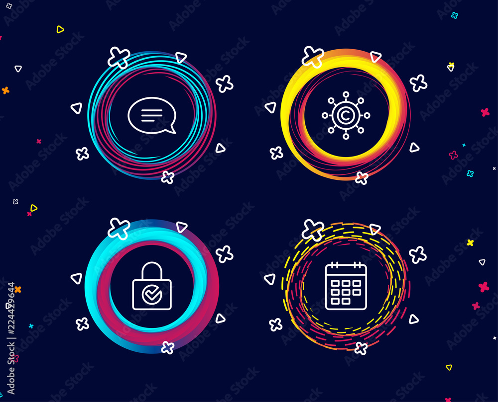 Poster set of chat, copywriting network and password encryption icons. calendar sign. speech bubble, conten