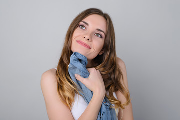 Close up portrait of cute beautiful attractive pretty satisfied glad nice gorgeous with long curly...