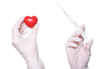 Cardiologist therapist cardio sterile paracetamol concept. Close up photo of doctor's hands disposable gloves holding plastic transparent tool with water bright heart isolated on white background © ActionGP