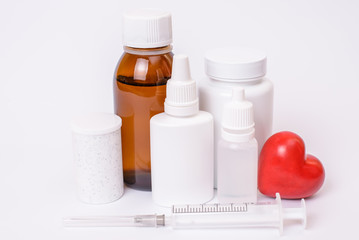 Cardiac remedy cure plain vial clinic unwell sick dose thin object concept. Close up photo of many bottles with pill places for text pattern template small cute heart eye ear drops isolated background