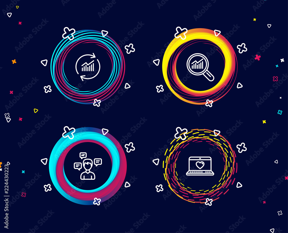 Poster set of conversation messages, data analysis and update data icons. web love sign. communication, mag
