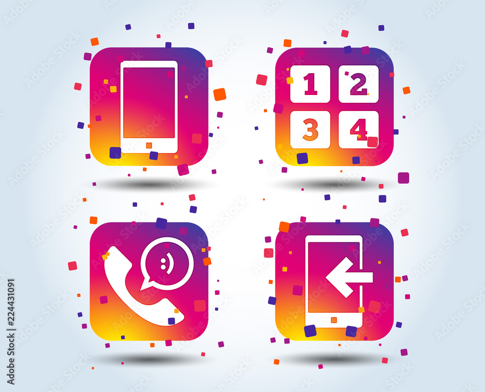 Poster phone icons. smartphone incoming call sign. call center support symbol. cellphone keyboard symbol. c