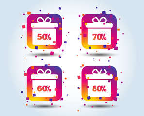 Sale gift box tag icons. Discount special offer symbols. 50%, 60%, 70% and 80% percent discount signs. Colour gradient square buttons. Flat design concept. Vector