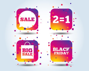 Sale speech bubble icons. Two equals one. Black friday sign. Big sale shopping bag symbol. Colour gradient square buttons. Flat design concept. Vector