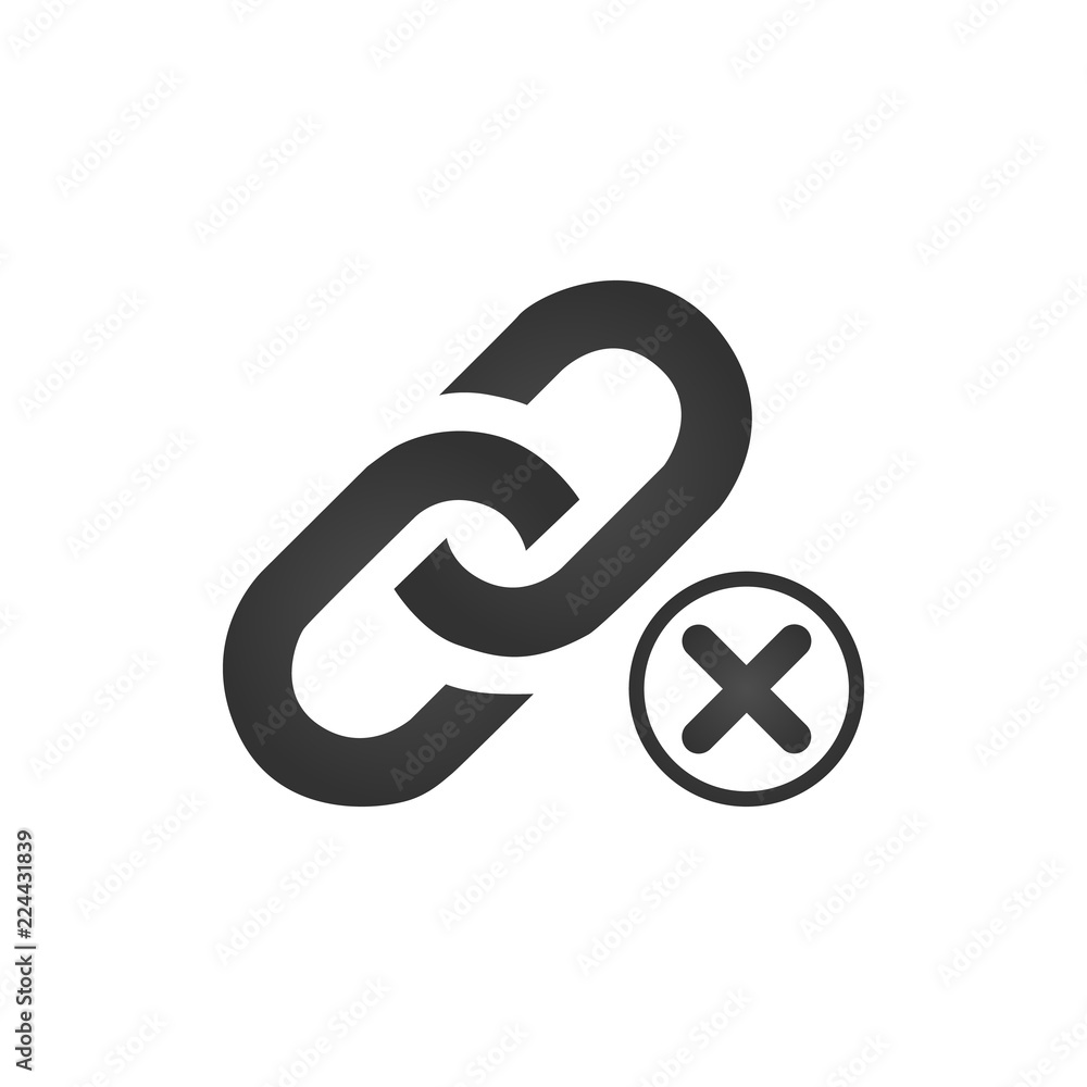 Poster link icon with cross. bad or not working link concept. 404 error. vector illustration isolated on wh