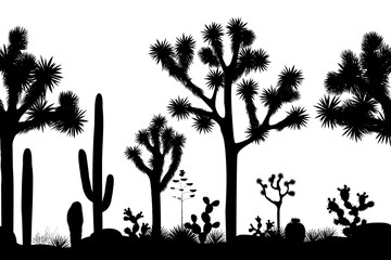 Desert seamless pattern with silhouettes of joshua trees, opuntia, and saguaro cacti.