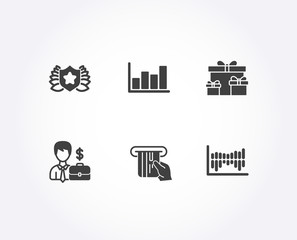 Set of Credit card, Businessman case and Surprise boxes icons. Laureate, Report diagram and Column diagram signs. Atm payment, Human resources, Holiday gifts. Vector