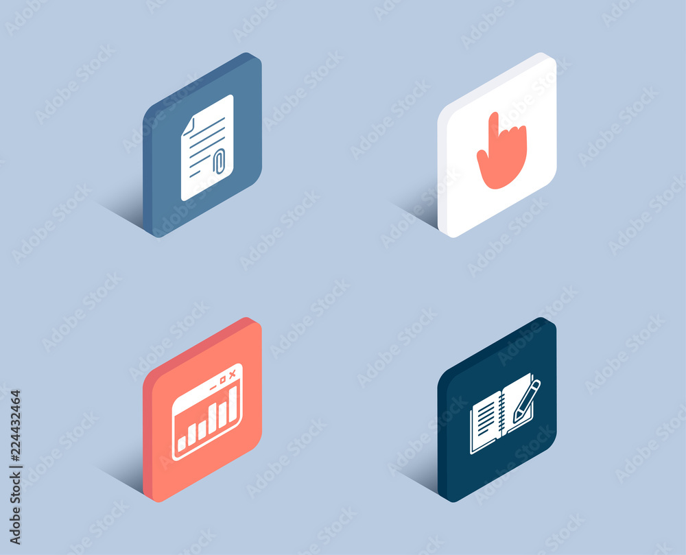 Poster set of attachment, hand click and marketing statistics icons. feedback sign. attach file, location p