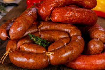 Pork sausages over wooden