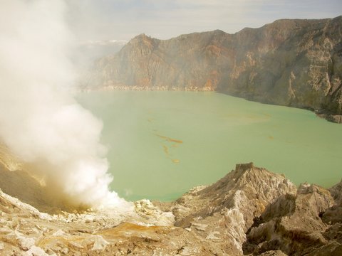 view on the acidic crater lake of the Ijen volcano in Java Indonesia, a sulfur mine and toxic gaz