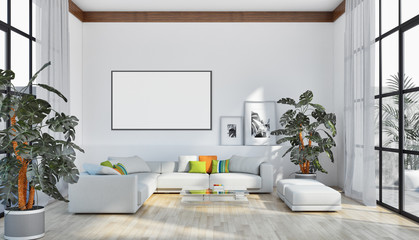 Modern bright interiors apartment with mock up poster frame illustration 3D rendering computer generated image - obrazy, fototapety, plakaty