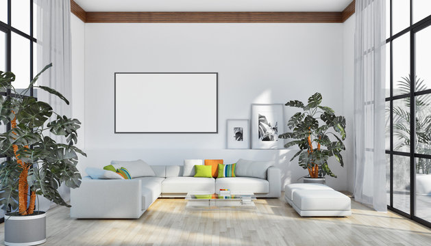 Modern bright interiors apartment with mock up poster frame illustration 3D rendering computer generated image