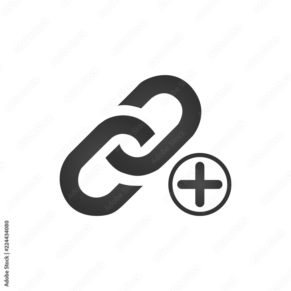 Poster link icon with plus or cross sign. add new link concept. vector illustration isolated on white backg
