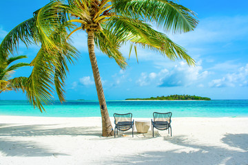 Fototapeta na wymiar Beautiful sandy beach in Indian ocean, Maldives island