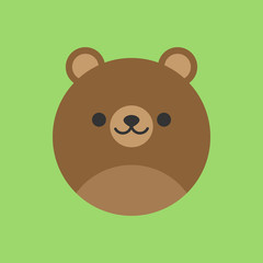 Cute bear round vector graphic icon. Brown grizzly bear animal head, face illustration. Isolated on green background.