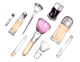 Hand drawn cosmetics set. Nail polish, mascara, eye shadows, brush, powder, lip gloss