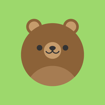 Cute bear round vector graphic icon. Brown grizzly bear animal head, face illustration. Isolated on green background.