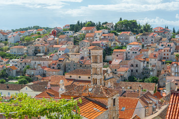 Hvar, Croatia. View from fortress Spanjola over old town with Cathedral tower.