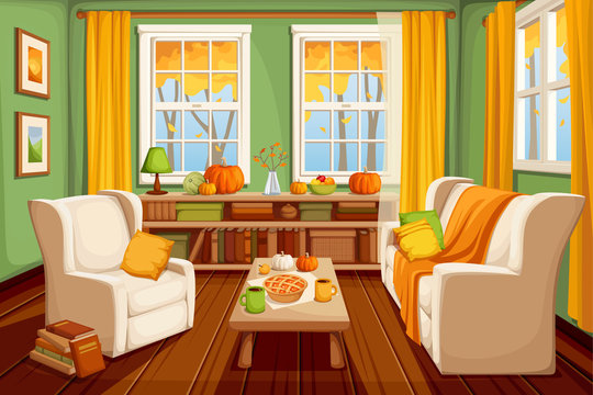 Vector cozy autumn living room interior.