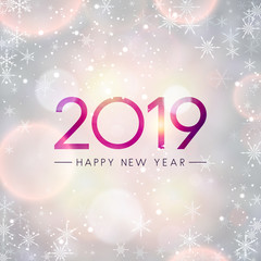 Festive shiny 2019 Happy New Year card with snowflakes.
