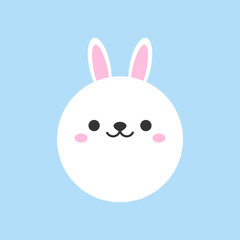 Cute bunny round vector graphic icon. White rabbit animal head, face illustration. Isolated on blue background.